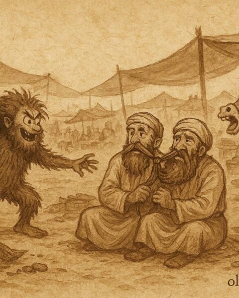 Parchment-style artwork of Al-Za’boout causing mischief in a Bedouin market from Jordan.