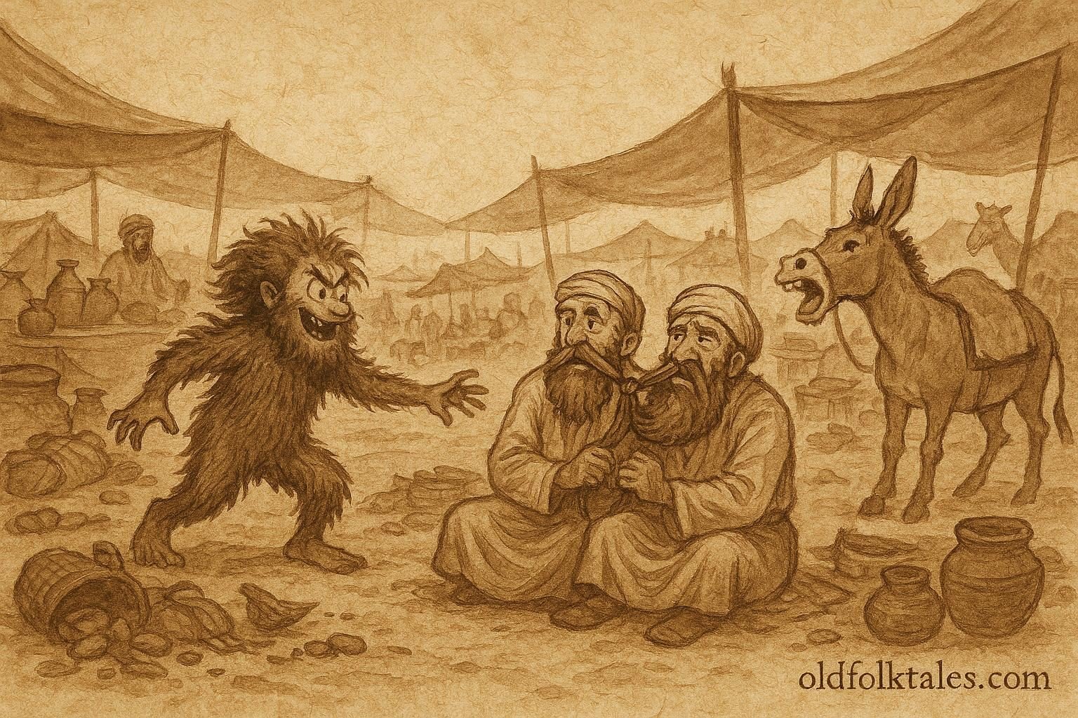 Parchment-style artwork of Al-Za’boout causing mischief in a Bedouin market from Jordan.