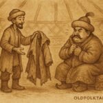 Parchment-style illustration of Aldar Köse tricking a greedy bey in a Kazakh yurt.