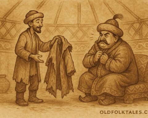Parchment-style illustration of Aldar Köse tricking a greedy bey in a Kazakh yurt.