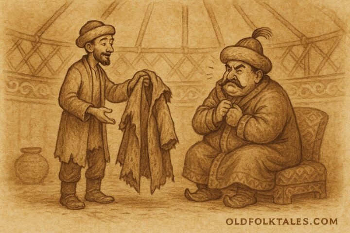 Parchment-style illustration of Aldar Köse tricking a greedy bey in a Kazakh yurt.