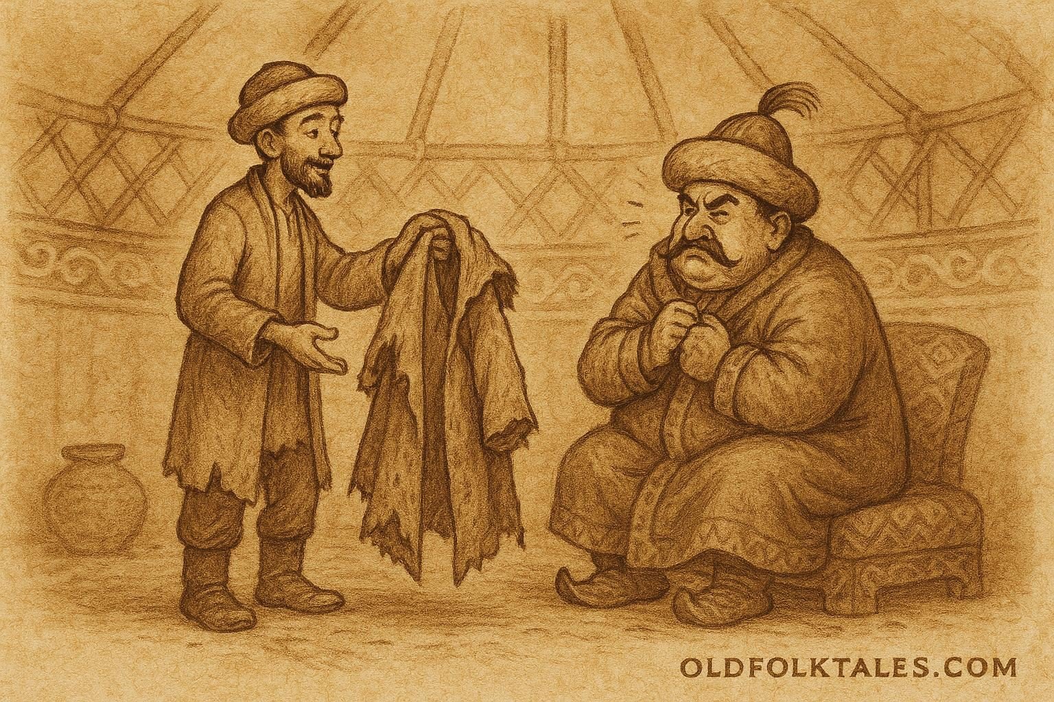 Parchment-style illustration of Aldar Köse tricking a greedy bey in a Kazakh yurt.