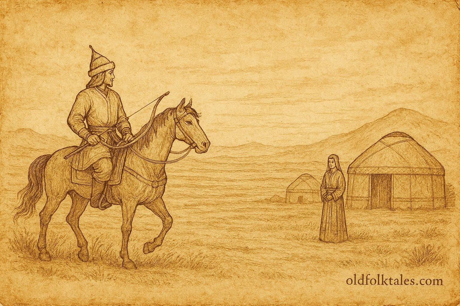 Parchment-style illustration of Alpamysh returning to Barchin on the Uzbek steppe.