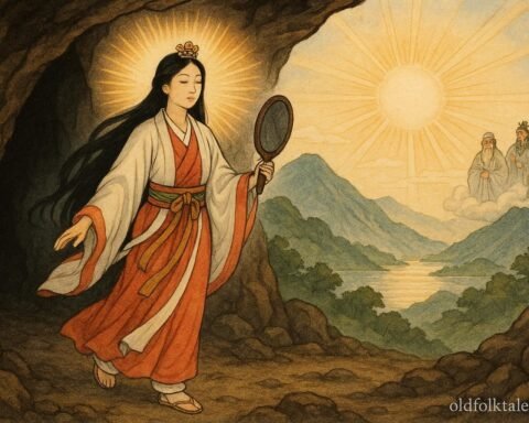 Sun goddess Amaterasu emerges from a cave as gods dance around her and a bronze mirror reflects her radiant image, illuminating the land