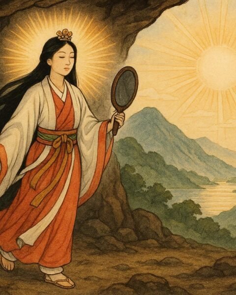 Sun goddess Amaterasu emerges from a cave as gods dance around her and a bronze mirror reflects her radiant image, illuminating the land