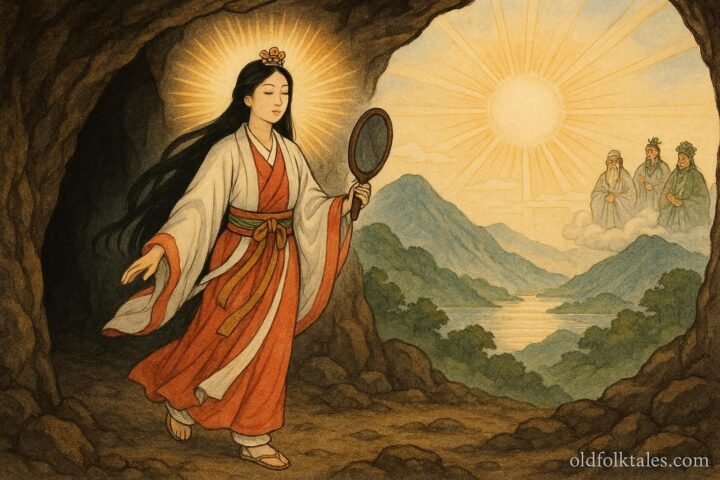 Sun goddess Amaterasu emerges from a cave as gods dance around her and a bronze mirror reflects her radiant image, illuminating the land
