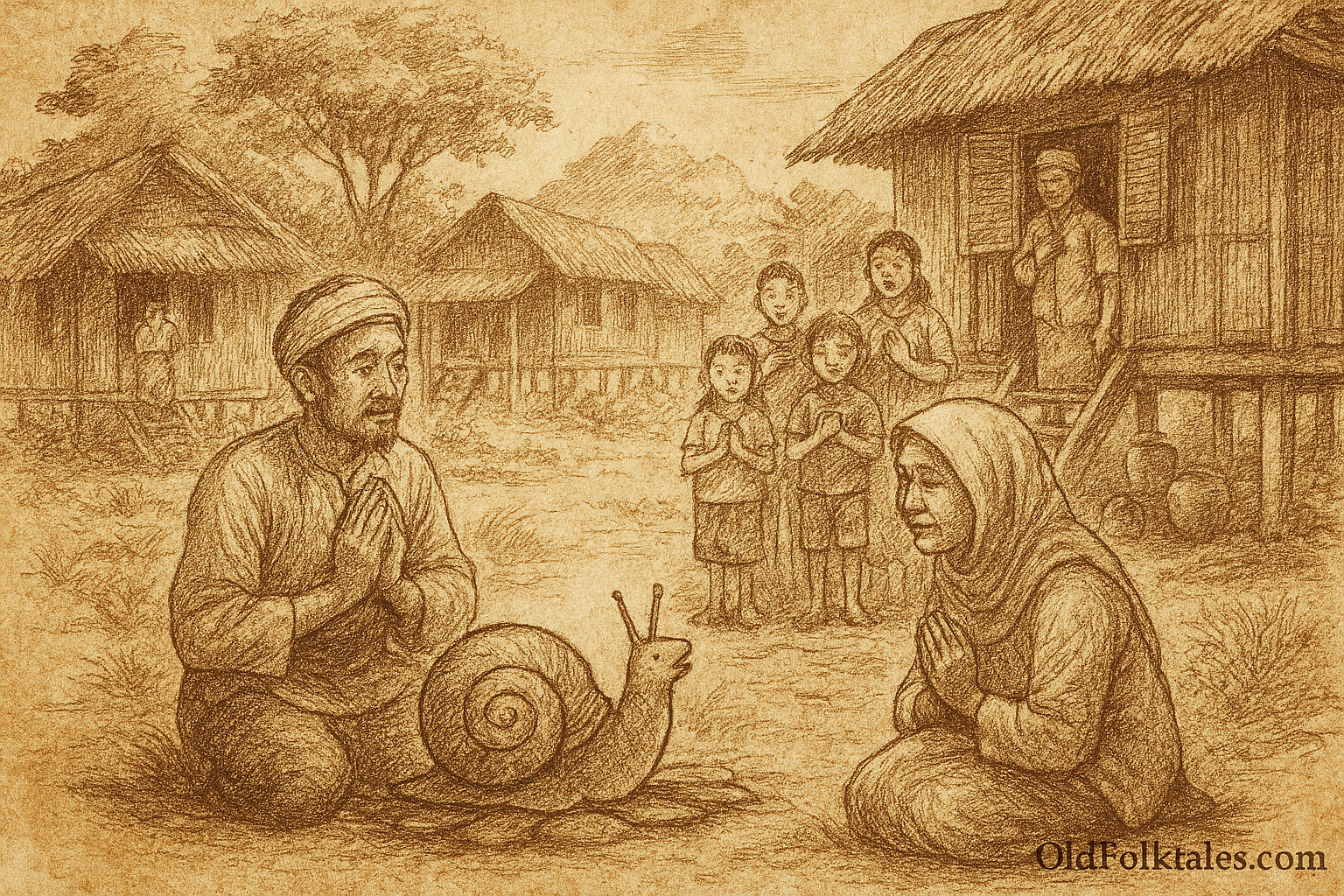 Sepia-toned parchment-style illustration showing Pak Ahmad and Mak Fatimah tenderly gazing at their miraculous snail child nestled in a sarong. Behind them, villagers whisper and point beneath fruit-laden trees, while the bomoh stands apart with knowing eyes. The aged rice parchment texture and soft ink-like strokes give the scene a mystical, timeless feel. 'OldFolktales.com' is inscribed elegantly at the bottom right corner.