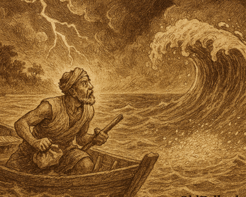 Sepia-toned parchment illustration of a stormy folktale scene showing Pak Hassan, a fisherman, in a small wooden boat tossing rice into the sea. Ethereal spirits rise from glowing water as storm clouds swirl and lightning strikes overhead. The coastline cracks open, forming a new river while villagers watch in awe from the jungle-fringed shore. The image evokes reverence, transformation, and the sacredness of rice, with "OldFolktales.com" inscribed at the bottom right.
