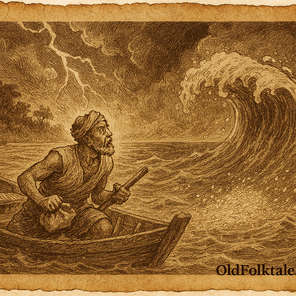 Sepia-toned parchment illustration of a stormy folktale scene showing Pak Hassan, a fisherman, in a small wooden boat tossing rice into the sea. Ethereal spirits rise from glowing water as storm clouds swirl and lightning strikes overhead. The coastline cracks open, forming a new river while villagers watch in awe from the jungle-fringed shore. The image evokes reverence, transformation, and the sacredness of rice, with "OldFolktales.com" inscribed at the bottom right.