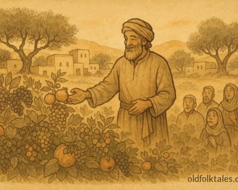 Parchment-style illustration of Atiyah in a Syrian village garden as his blessing multiplies fruits.
