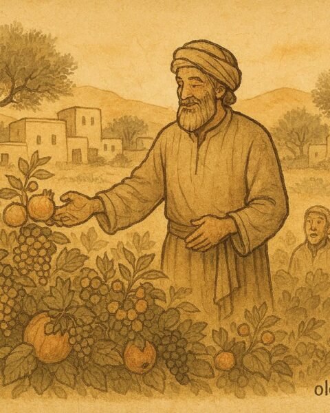 Parchment-style illustration of Atiyah in a Syrian village garden as his blessing multiplies fruits.