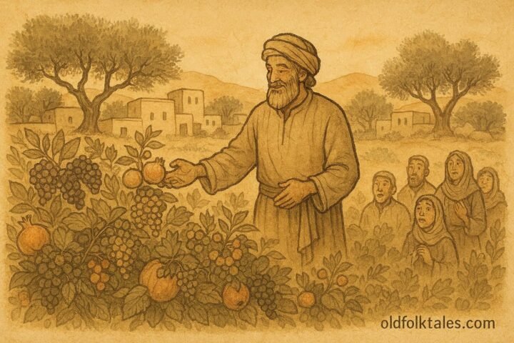 Parchment-style illustration of Atiyah in a Syrian village garden as his blessing multiplies fruits.