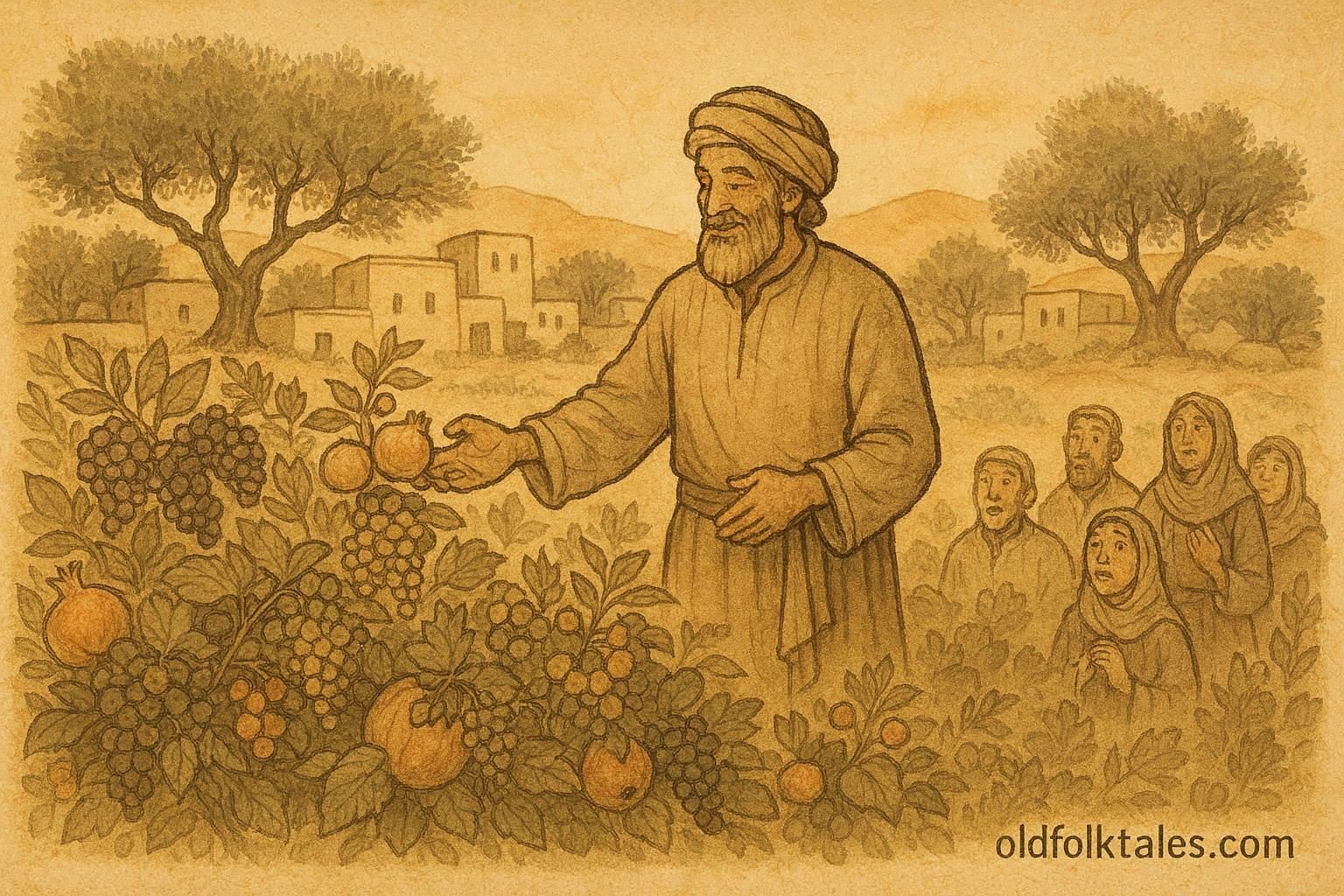 Parchment-style illustration of Atiyah in a Syrian village garden as his blessing multiplies fruits.