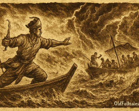Sepia-toned illustration on aged parchment showing Awang Sihah, a Bruneian warrior, standing at the prow of a traditional wooden boat during a storm. He holds a wavy-bladed kris in one hand and extends his other arm forward, guiding his crew through crashing waves and lightning-filled skies. Behind him, two warriors brace against the storm. In the distance, a pirate ship struggles in the tempest, with bound captives on deck and armed pirates nearby. The river is turbulent, and mangrove forests line the horizon. “OldFolktales.com” is inscribed in the bottom right corner.