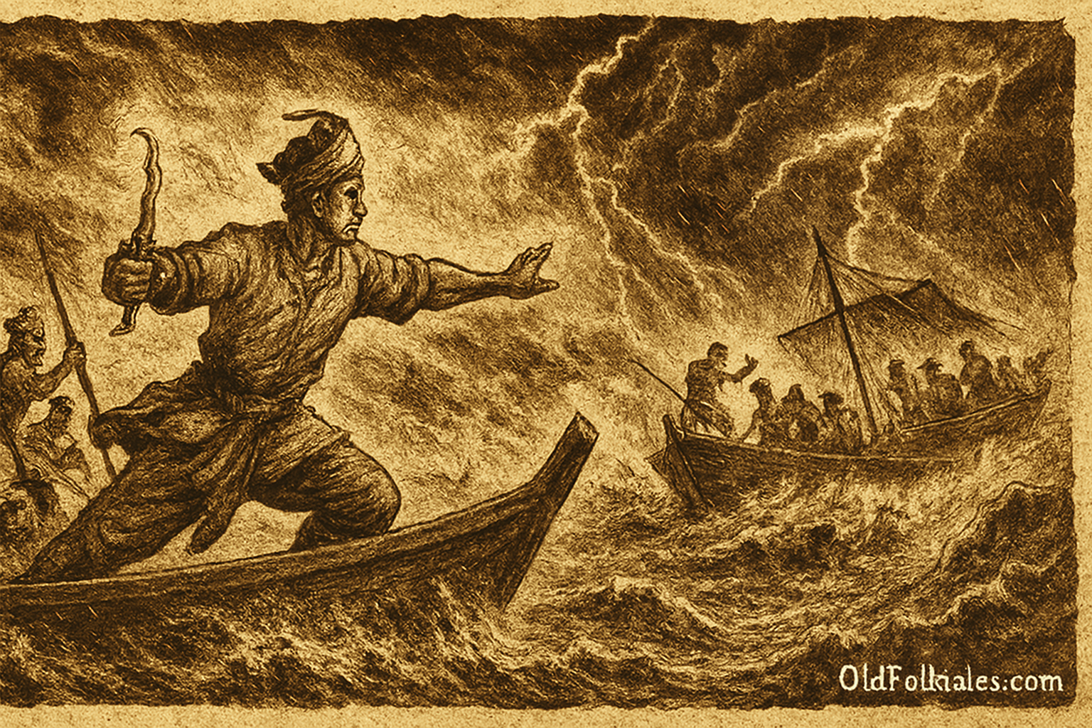 Sepia-toned illustration on aged parchment showing Awang Sihah, a Bruneian warrior, standing at the prow of a traditional wooden boat during a storm. He holds a wavy-bladed kris in one hand and extends his other arm forward, guiding his crew through crashing waves and lightning-filled skies. Behind him, two warriors brace against the storm. In the distance, a pirate ship struggles in the tempest, with bound captives on deck and armed pirates nearby. The river is turbulent, and mangrove forests line the horizon. “OldFolktales.com” is inscribed in the bottom right corner.