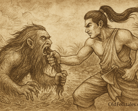 Sepia-toned parchment-style illustration depicting the Malay legend of Badang the Strongman. On the right, Badang crouches in a powerful stance, gripping a parang (Malay machete) in one hand while pulling down the tangled beard of a monstrous hantu air (water demon) with the other. The demon emerges from swirling river waters, its tusks protruding, eyes glowing fiercely, and clawed hands reaching outward in desperation. Fish bones and scales scatter around the traps at the riverbank, symbolizing the stolen catch. Mist curls above the water, jungle foliage frames the scene, and stormy clouds loom overhead. “OldFolktales.com” is inscribed at the bottom right corner.