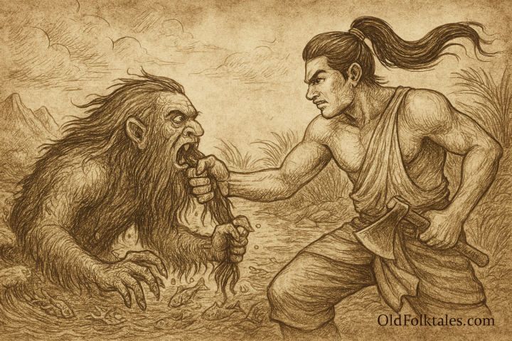 Sepia-toned parchment-style illustration depicting the Malay legend of Badang the Strongman. On the right, Badang crouches in a powerful stance, gripping a parang (Malay machete) in one hand while pulling down the tangled beard of a monstrous hantu air (water demon) with the other. The demon emerges from swirling river waters, its tusks protruding, eyes glowing fiercely, and clawed hands reaching outward in desperation. Fish bones and scales scatter around the traps at the riverbank, symbolizing the stolen catch. Mist curls above the water, jungle foliage frames the scene, and stormy clouds loom overhead. “OldFolktales.com” is inscribed at the bottom right corner.