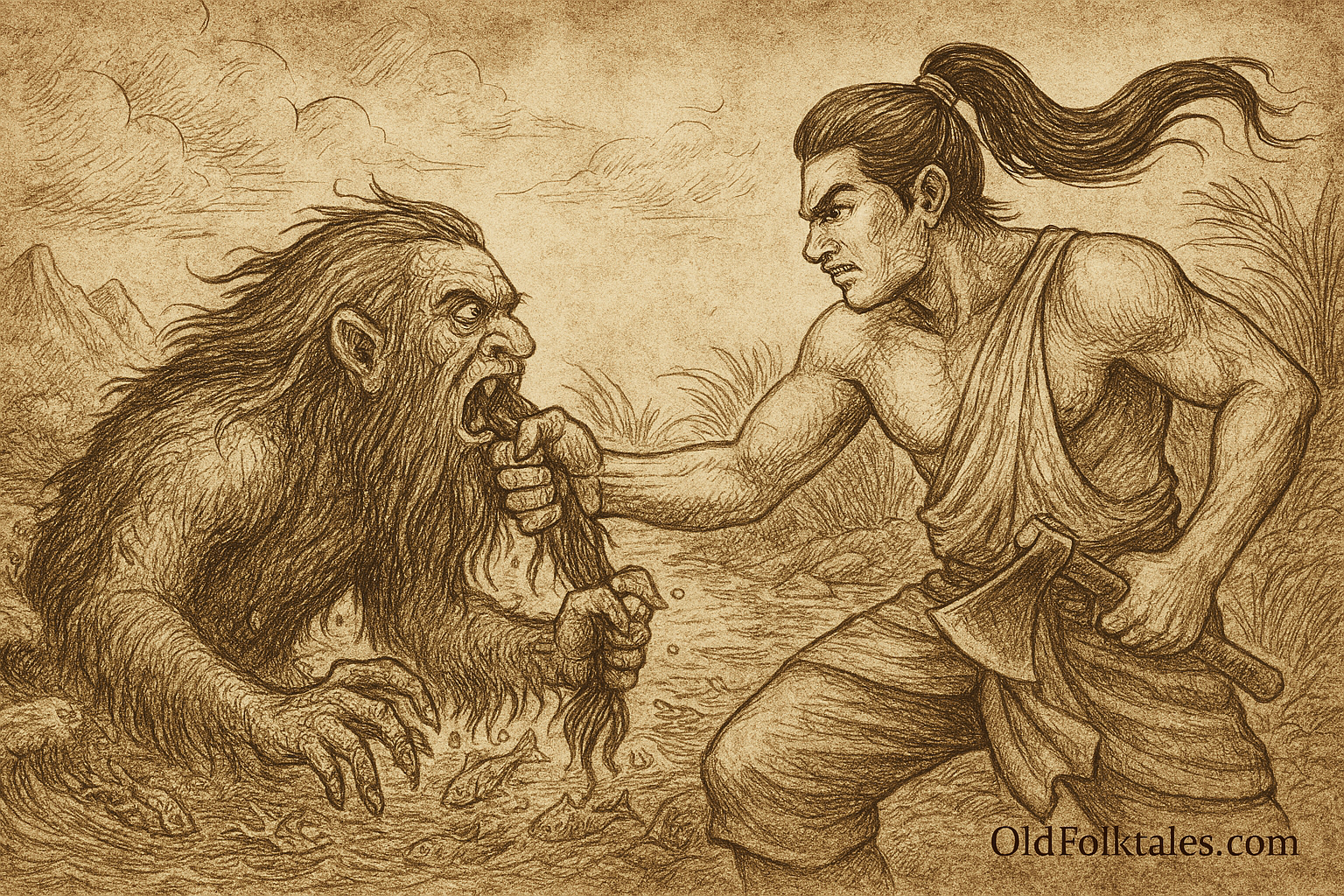 Sepia-toned parchment-style illustration depicting the Malay legend of Badang the Strongman. On the right, Badang crouches in a powerful stance, gripping a parang (Malay machete) in one hand while pulling down the tangled beard of a monstrous hantu air (water demon) with the other. The demon emerges from swirling river waters, its tusks protruding, eyes glowing fiercely, and clawed hands reaching outward in desperation. Fish bones and scales scatter around the traps at the riverbank, symbolizing the stolen catch. Mist curls above the water, jungle foliage frames the scene, and stormy clouds loom overhead. “OldFolktales.com” is inscribed at the bottom right corner.