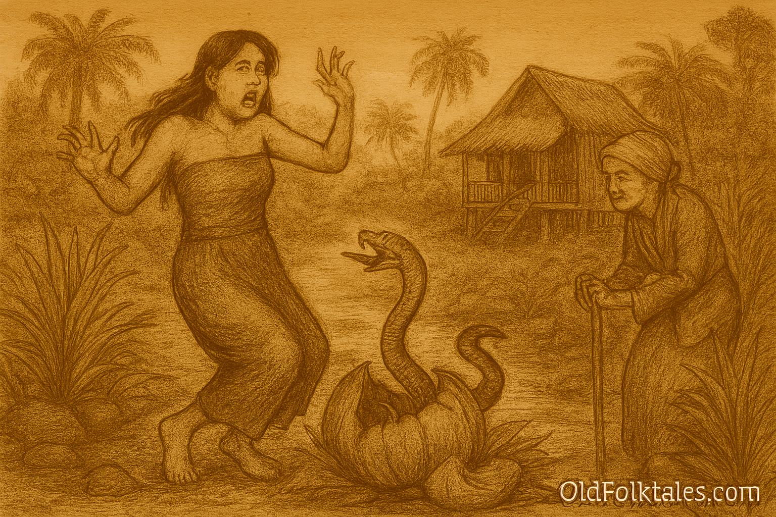 A sepia-toned illustration on aged rice parchment depicts Bawang Merah recoiling in horror as a snake emerges from a large, cracked pumpkin at her feet. Her eyes are wide, mouth agape, and arms raised in panic as she stumbles backward. She wears a long, strapless sarong and stands amid tropical foliage near a stream. An elderly woman with a wrinkled face and headscarf watches from the side, leaning on a wooden staff with a calm, knowing expression. In the background, a traditional stilt house with a thatched roof is nestled among coconut palms and dense jungle. "OldFolktales.com" is inscribed in the bottom right corner.
