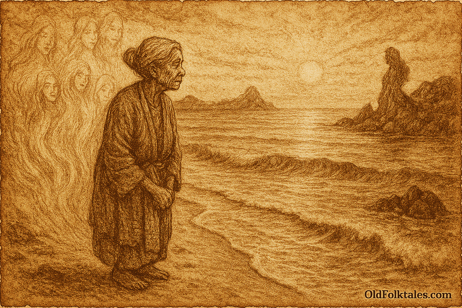Sepia-toned parchment illustration of Seri, an elderly Malaysian woman, standing at the shoreline of Pantai Seri Kenangan at sunrise, gazing out to sea with unwavering devotion. Gentle waves lap the crescent-shaped beach, while ethereal spirits of light and water gather behind her in reverence. Rocks subtly form a silhouette of a woman watching the horizon. The atmosphere is sacred and serene, evoking timeless love and loyalty. “OldFolktales.com” is inscribed at the bottom right.