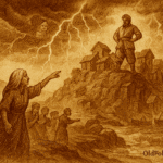 Sepia parchment-style illustration of the Bruneian legend of Bukit Shahbandar. At the hilltop settlement, Datu Mansur, the corrupt Shahbandar, stands arrogantly as villagers and merchants suffer below. Nenek Fatimah, the elderly bomoh, warns him from the shore while supernatural storm clouds gather overhead. Lightning encircles the hill, the earth trembles, and the settlement begins transforming into stone — symbolizing divine punishment for corruption. The dramatic scene captures Brunei’s folklore of justice, with “OldFolktales.com” inscribed at the bottom right.