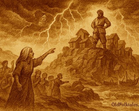 Sepia parchment-style illustration of the Bruneian legend of Bukit Shahbandar. At the hilltop settlement, Datu Mansur, the corrupt Shahbandar, stands arrogantly as villagers and merchants suffer below. Nenek Fatimah, the elderly bomoh, warns him from the shore while supernatural storm clouds gather overhead. Lightning encircles the hill, the earth trembles, and the settlement begins transforming into stone — symbolizing divine punishment for corruption. The dramatic scene captures Brunei’s folklore of justice, with “OldFolktales.com” inscribed at the bottom right.