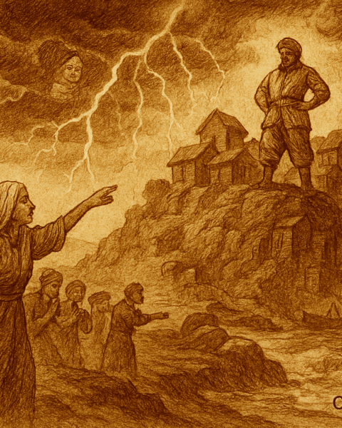 Sepia parchment-style illustration of the Bruneian legend of Bukit Shahbandar. At the hilltop settlement, Datu Mansur, the corrupt Shahbandar, stands arrogantly as villagers and merchants suffer below. Nenek Fatimah, the elderly bomoh, warns him from the shore while supernatural storm clouds gather overhead. Lightning encircles the hill, the earth trembles, and the settlement begins transforming into stone — symbolizing divine punishment for corruption. The dramatic scene captures Brunei’s folklore of justice, with “OldFolktales.com” inscribed at the bottom right.