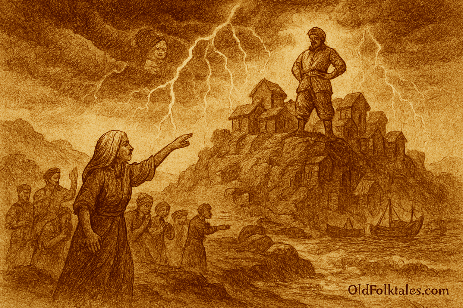 Sepia parchment-style illustration of the Bruneian legend of Bukit Shahbandar. At the hilltop settlement, Datu Mansur, the corrupt Shahbandar, stands arrogantly as villagers and merchants suffer below. Nenek Fatimah, the elderly bomoh, warns him from the shore while supernatural storm clouds gather overhead. Lightning encircles the hill, the earth trembles, and the settlement begins transforming into stone — symbolizing divine punishment for corruption. The dramatic scene captures Brunei’s folklore of justice, with “OldFolktales.com” inscribed at the bottom right.