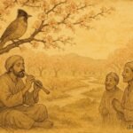 Parchment-style artwork of a musician playing with Bulbul Khushnua in an Uzbek orchard.