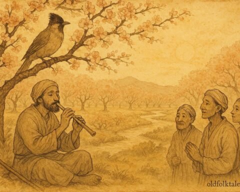 Parchment-style artwork of a musician playing with Bulbul Khushnua in an Uzbek orchard.