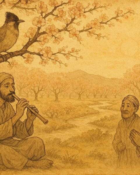 Parchment-style artwork of a musician playing with Bulbul Khushnua in an Uzbek orchard.