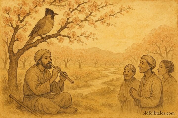 Parchment-style artwork of a musician playing with Bulbul Khushnua in an Uzbek orchard.