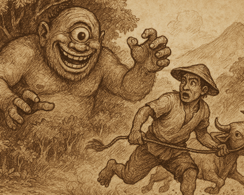 Sepia-toned parchment illustration of Bungisngis, the one-eyed laughing giant of Bicol, Philippines, emerging from dense jungle foliage with a wide, toothy grin and a single eye centered on his forehead. He reaches toward a terrified farmer who flees with his cow along a forest path. The cow kicks up dust as they escape, while the giant’s massive frame looms behind them. The scene captures the folktale’s theme of wit triumphing over brute strength. “OldFolktales.com” is inscribed at the bottom right.