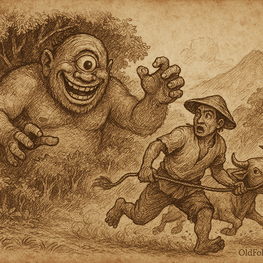 Sepia-toned parchment illustration of Bungisngis, the one-eyed laughing giant of Bicol, Philippines, emerging from dense jungle foliage with a wide, toothy grin and a single eye centered on his forehead. He reaches toward a terrified farmer who flees with his cow along a forest path. The cow kicks up dust as they escape, while the giant’s massive frame looms behind them. The scene captures the folktale’s theme of wit triumphing over brute strength. “OldFolktales.com” is inscribed at the bottom right.