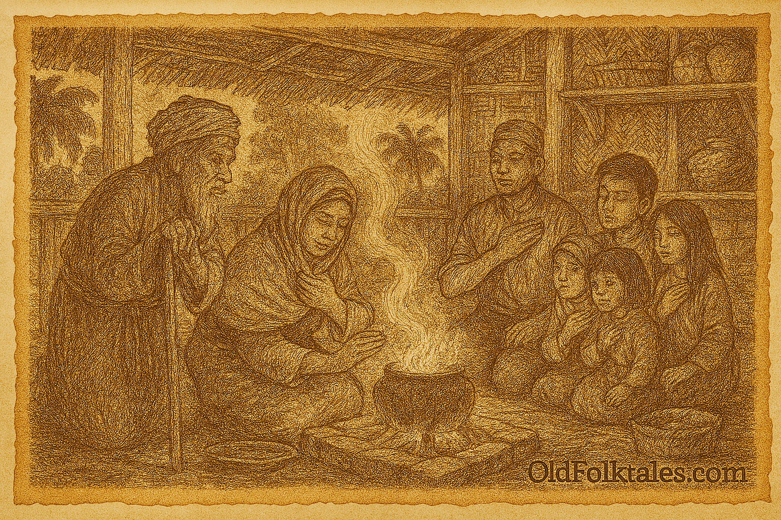 Sepia-toned parchment illustration of a traditional Malaysian family gathered around a cold hearth inside a stilted village kitchen. Mak Zainab kneels beside the fire, placing offerings with reverence, while Pak Ismail and their children sit nearby with hands over their hearts. Tok Ayah, the village elder, stands at the doorway observing solemnly. The fire begins to glow warmly, symbolizing restored harmony. The kitchen is detailed with clay pots, woven baskets, and bamboo walls, capturing the moment when ancient rituals bring warmth back to the home. “OldFolktales.com” is inscribed at the bottom right.