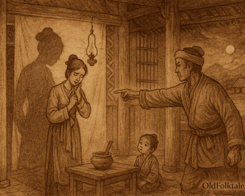 Sepia-toned landscape illustration on aged rice parchment depicting a dramatic indoor scene from the Vietnamese folktale of Vũ Nương. A sorrowful woman stands near a curtain, her shadow cast large by a hanging oil lamp. A stern man points accusingly at her while a small child sits between them, watching. The setting includes wooden beams, lattice windows, and a moonlit river landscape visible through an open curtain. “OldFolktales.com” is inscribed at the bottom right.
