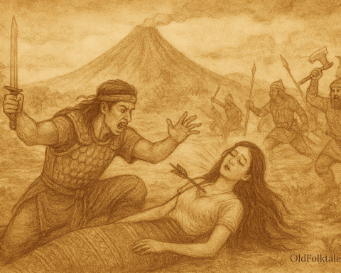 Sepia-toned illustration on aged rice parchment depicting the tragic climax of the Legend of Mayon Volcano. In the foreground, the warrior Panganoron cradles the dying maiden Daragang Magayon, pierced by an arrow, as battle rages around them. Behind them, a perfectly conical volcano rises from the earth, symbolizing their eternal love. Warriors clash with swords and spears amid swirling clouds and misty hills. “OldFolktales.com” is inscribed at the bottom right.