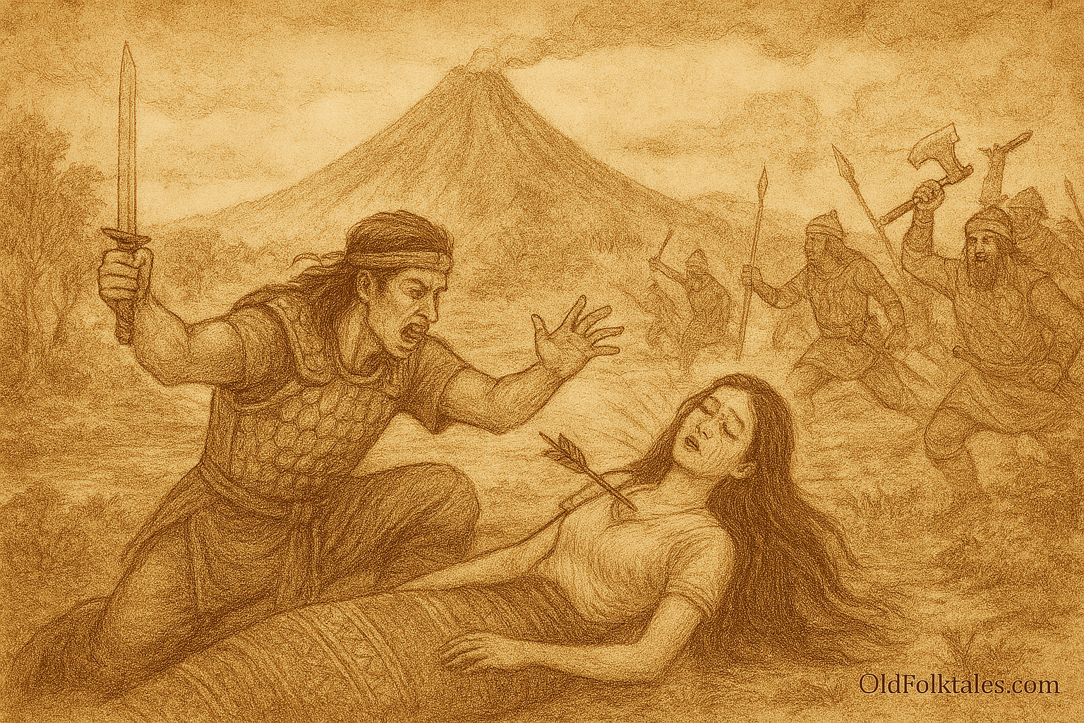 Sepia-toned illustration on aged rice parchment depicting the tragic climax of the Legend of Mayon Volcano. In the foreground, the warrior Panganoron cradles the dying maiden Daragang Magayon, pierced by an arrow, as battle rages around them. Behind them, a perfectly conical volcano rises from the earth, symbolizing their eternal love. Warriors clash with swords and spears amid swirling clouds and misty hills. “OldFolktales.com” is inscribed at the bottom right.