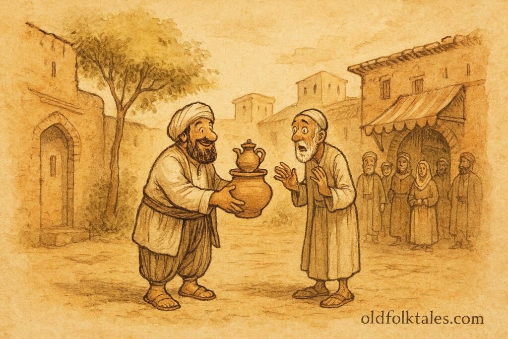 Parchment style illustration of Djuha returning a pot to his neighbor in a Syrian folktale.