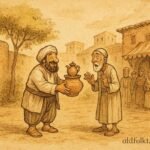 Parchment style illustration of Djuha returning a pot to his neighbor in a Syrian folktale.