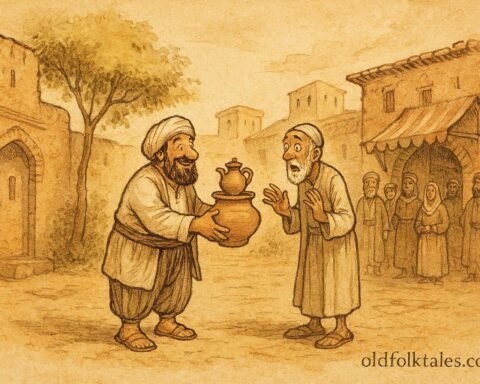 Parchment style illustration of Djuha returning a pot to his neighbor in a Syrian folktale.