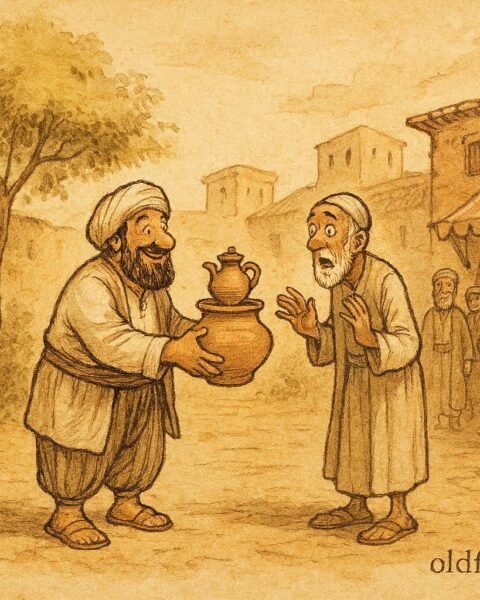 Parchment style illustration of Djuha returning a pot to his neighbor in a Syrian folktale.