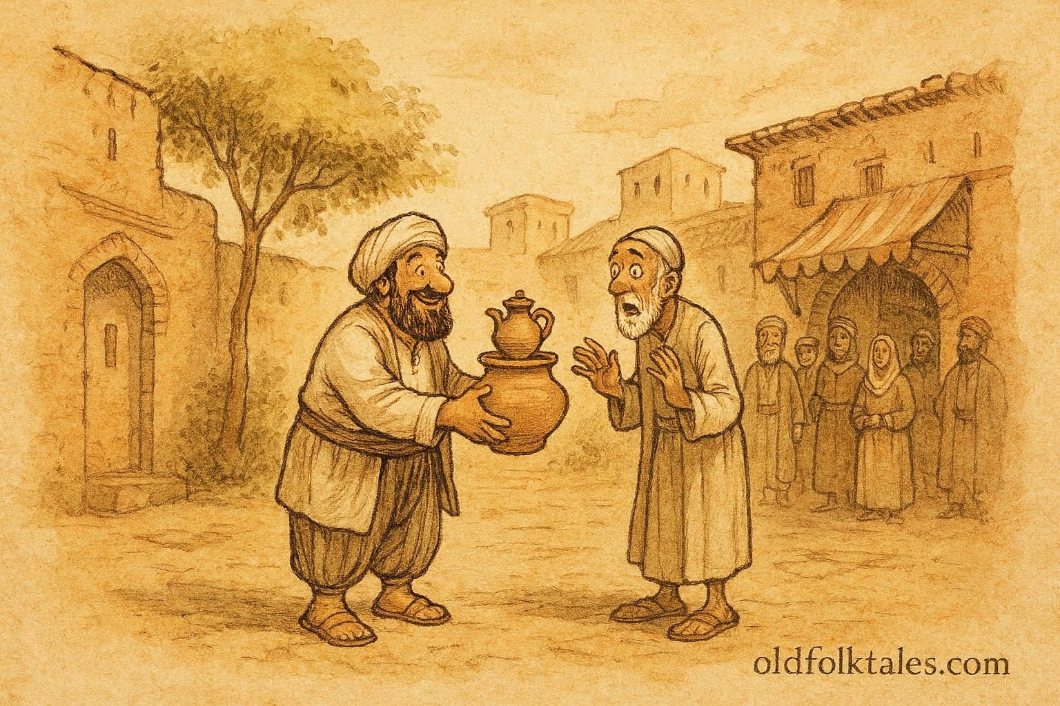 Parchment style illustration of Djuha returning a pot to his neighbor in a Syrian folktale.