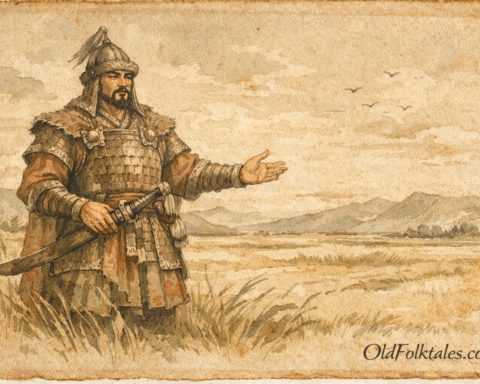 Parchment-style artwork of Edige Batyr on the Kazakh steppe, Kazakhstan folktale.