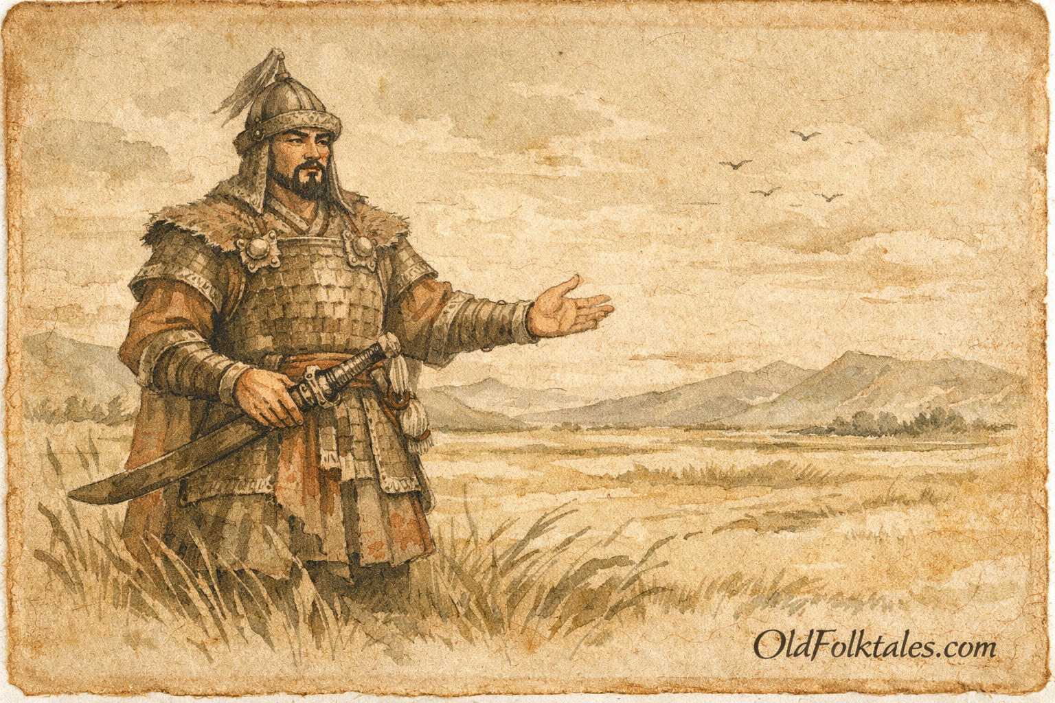 Parchment-style artwork of Edige Batyr on the Kazakh steppe, Kazakhstan folktale.