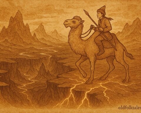 Parchment-style artwork of Er Töstik riding a wise camel into the underworld, Kazakh epic scene.