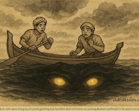 Parchment-style illustration of Faru Furēta’s glowing eyes near a dhoni, Maldivian folktale scene.
