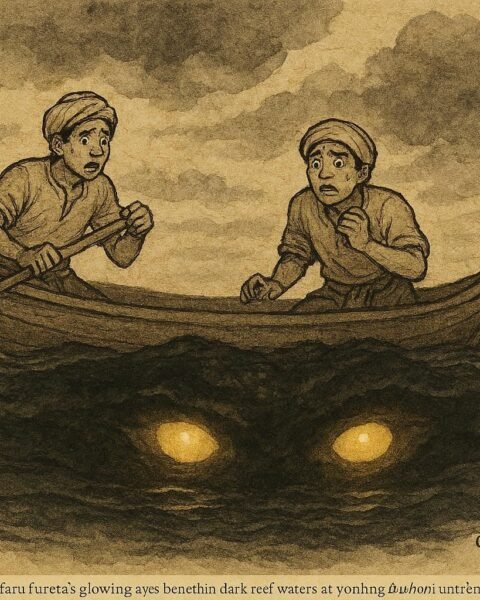 Parchment-style illustration of Faru Furēta’s glowing eyes near a dhoni, Maldivian folktale scene.