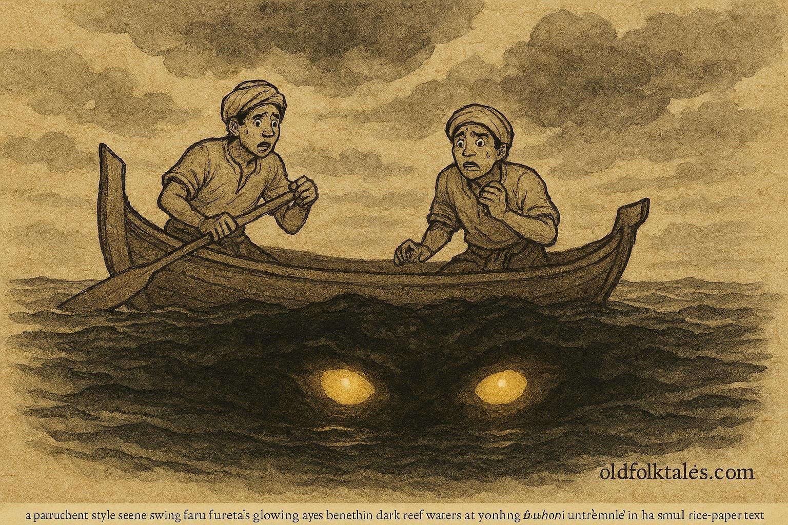 Parchment-style illustration of Faru Furēta’s glowing eyes near a dhoni, Maldivian folktale scene.