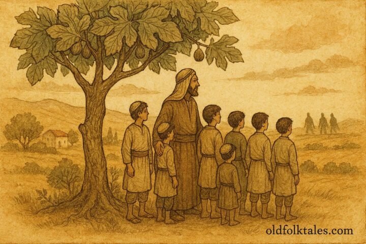 Parchment-style artwork of a Syrian parent and seven sons united against danger.